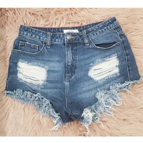 CELLO High Rise Distressed Denim Shorts - Picture 1 of 4